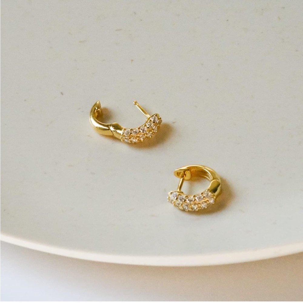 18K Gold Vermeil Triple Pavé CZ Huggie Hoops , 14mm